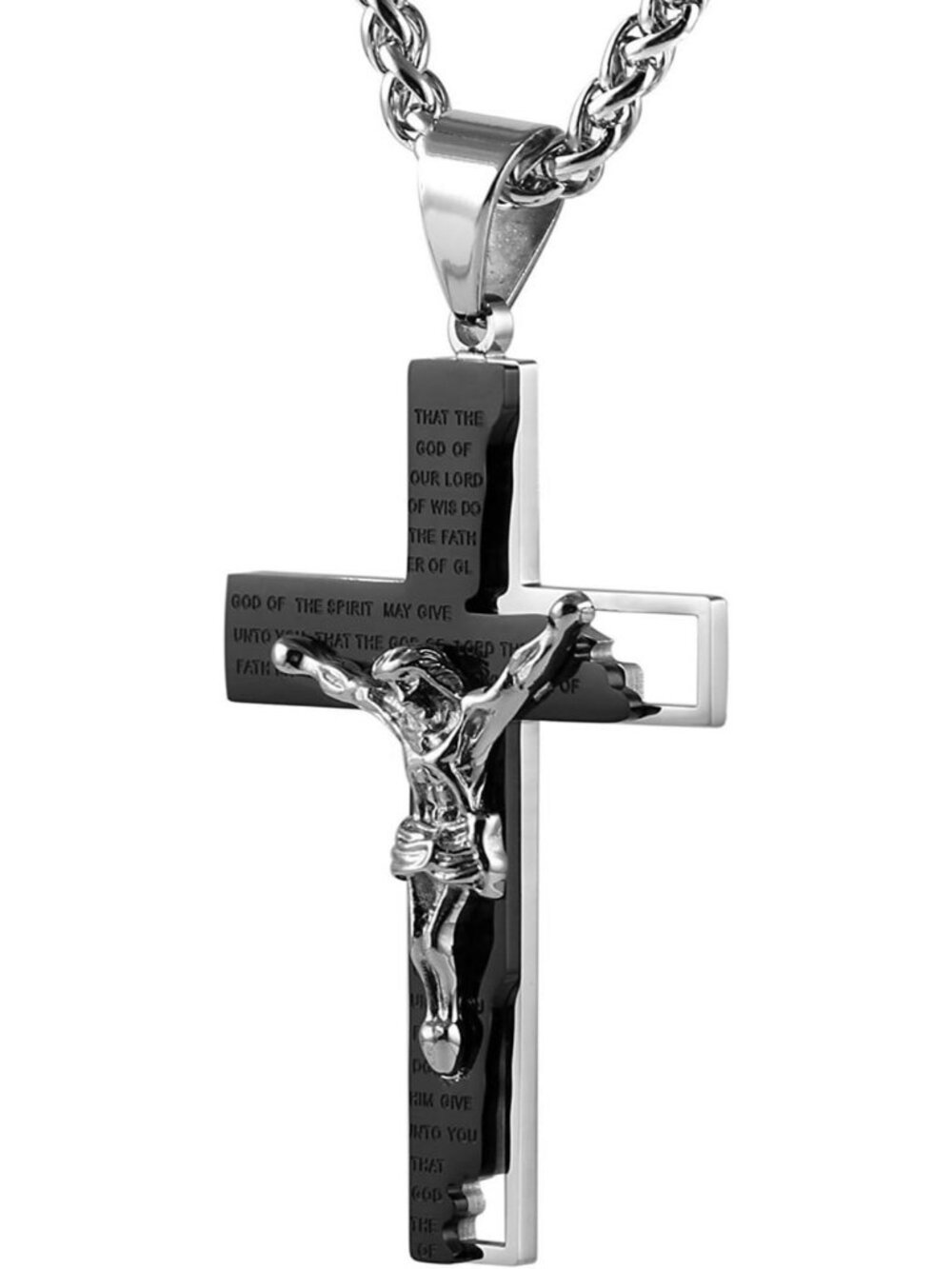 Men's Black Stainless Steel Cross Crucifix Bible Prayer Pendant Necklace Chain